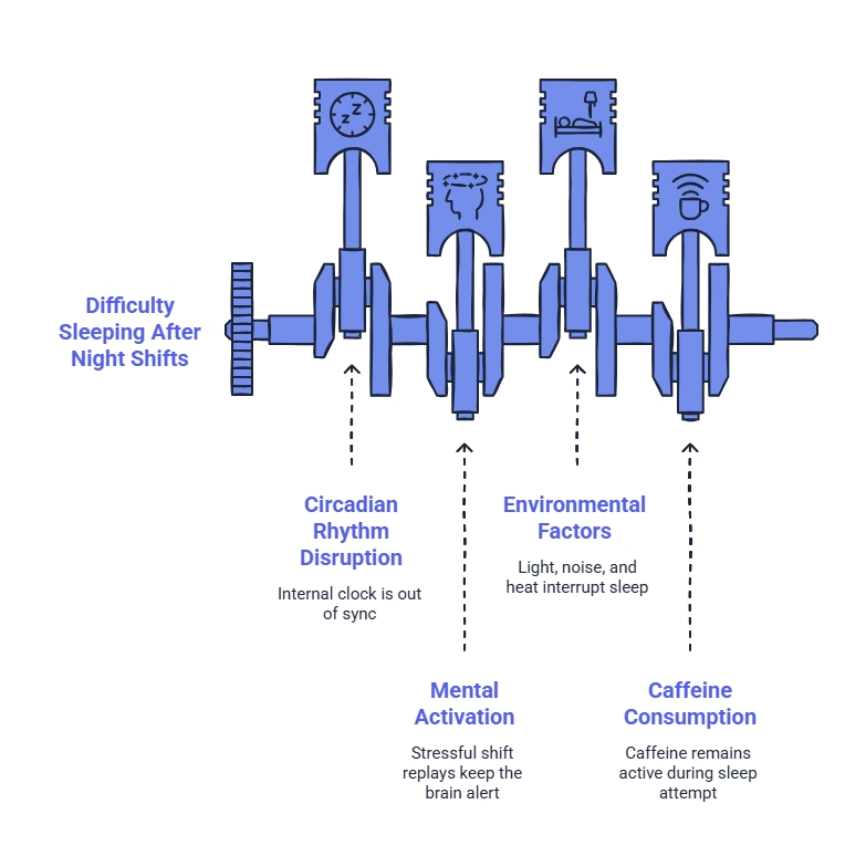 Diagram of difficulty sleeping after night shifts showing circadian rhythm disruption, environmental factors, mental activation, and caffeine delaying restorative sleep.