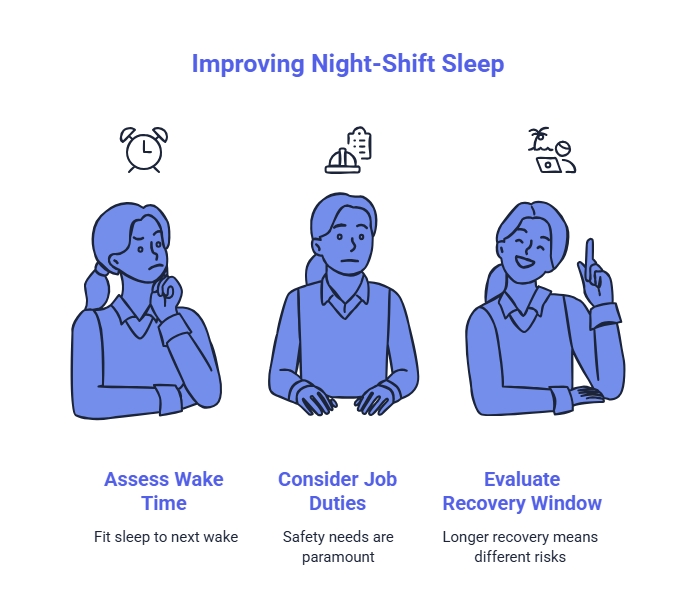 Illustrated infographic titled Improving Night-Shift Sleep showing three clinicians discussing sleep planning steps: assess wake time, consider job duties, and evaluate recovery window.