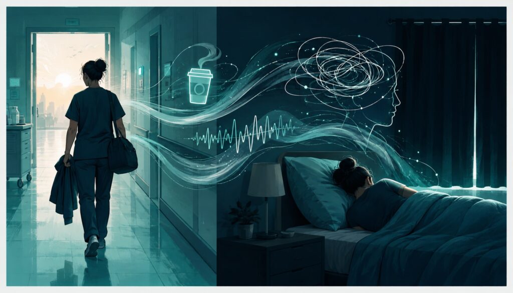 Night shift worker leaves work while caffeine, light, noise, and racing thoughts follow into a dark bedroom.