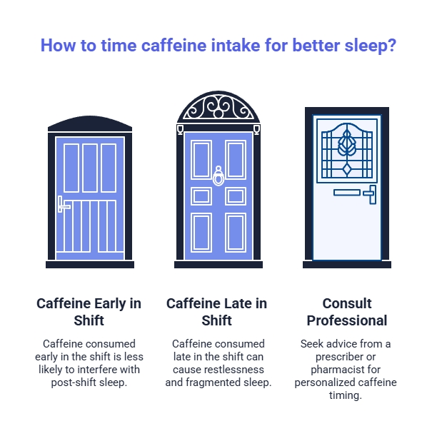 Illustration explaining caffeine timing for better sleep, comparing early-shift caffeine, late-shift caffeine, and consulting a professional for guidance.