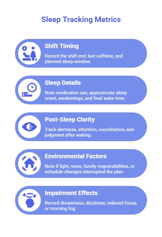 Infographic showing sleep tracking metrics for shift timing, sleep details, post-sleep clarity, environmental factors, and impairment effects after rest.