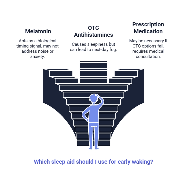 Decision-path illustration comparing melatonin, OTC antihistamines, and prescription medication for early waking, with benefits, limits, and consultation needs.