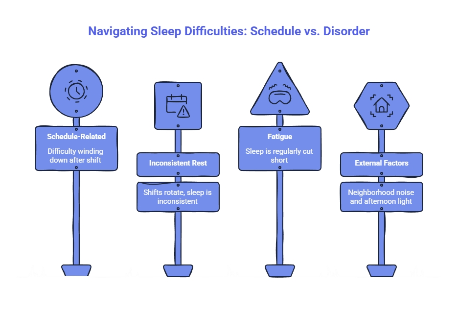 Infographic comparing schedule-related sleep difficulties, inconsistent rest, fatigue, and external factors such as neighborhood noise and afternoon light.