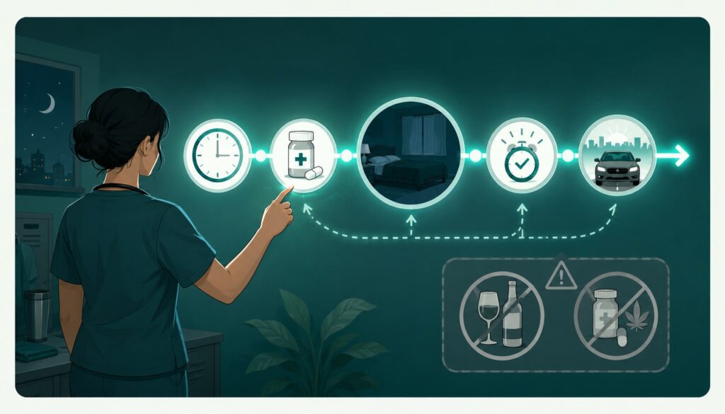 Night-shift healthcare worker reviews a sleep-medication timeline with icons for dosing, sleep, waking, and safe driving.