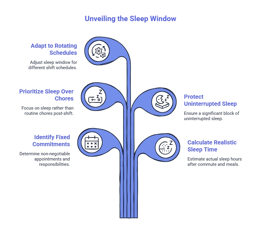 Infographic explaining how shift workers can define a realistic sleep window by adapting to rotating schedules, protecting uninterrupted sleep, and prioritizing fixed commitments.